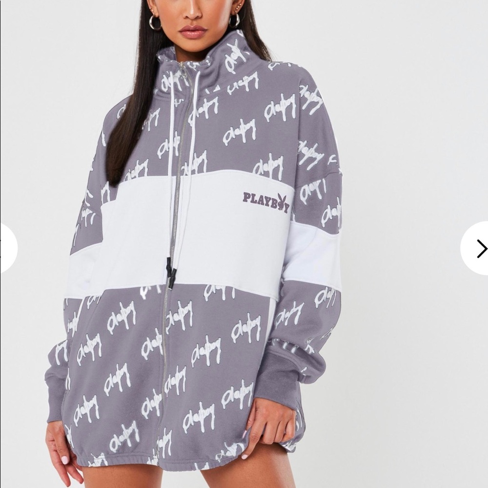 Playboy Grey Color Block Zip Through Sweatshirt - Picture 1 of 5